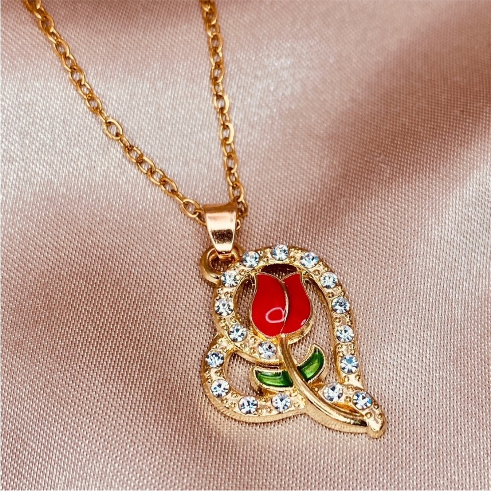 Elegant Red Enamel Tulip Heart Pendant Dainty Necklace in Gold